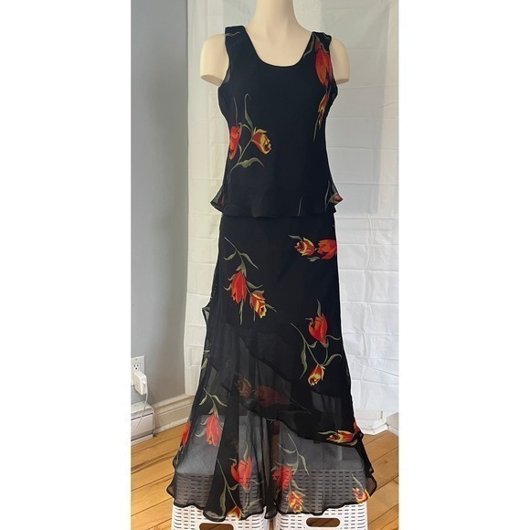 Nikky Dresses & Skirts - Nikky Vintage Floral Chiffon Maxi Dress Ruffle Tiered Black Red Orange